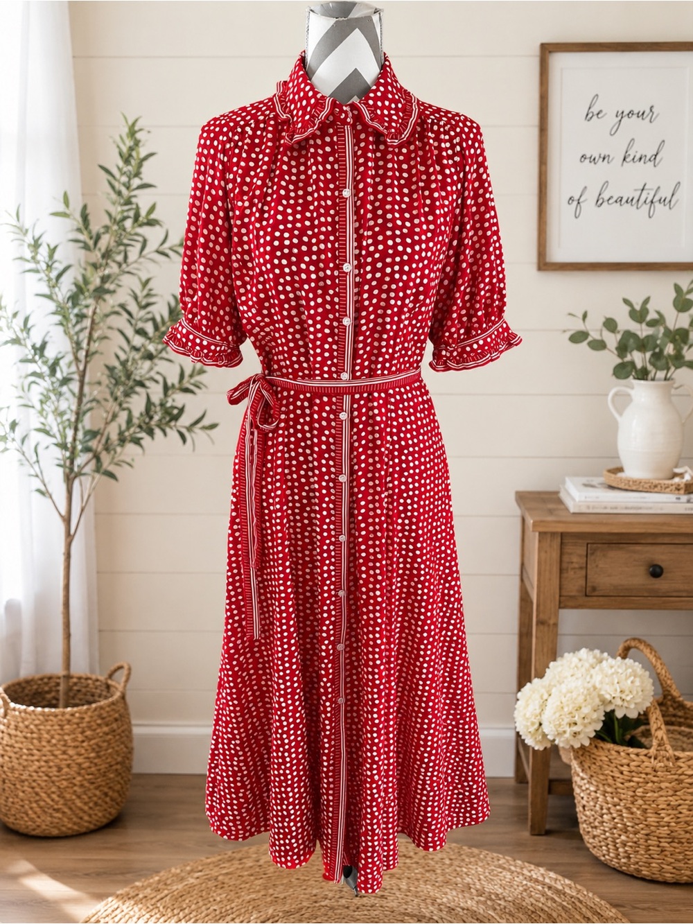 Max Studio Vintage-Inspired Red & White Polka Dot Midi/Maxi Belted Dress Siz M
